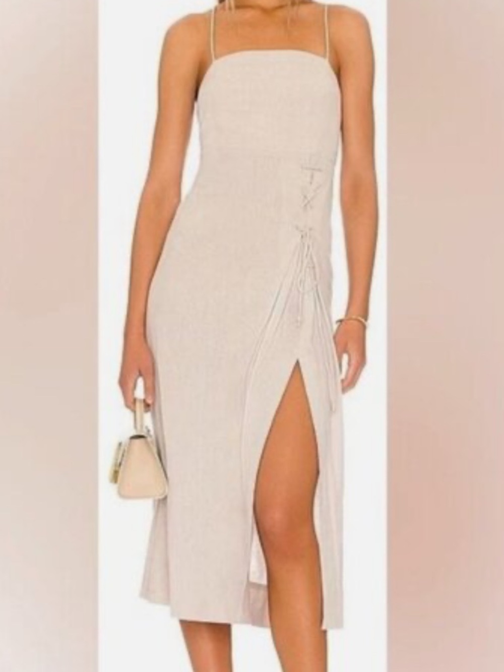 Free People Francesca Linen Blend Dress XS Tan Front Slit Lace Up Beach Coastal